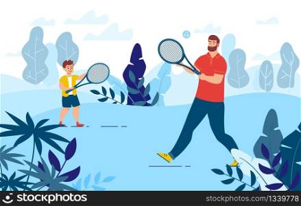 Family Active Games, People Outdoor Recreation and Healthy Lifestyle Concept. Father with Son Spending Time Together, Playing Tennis on Lawn in Park, Resting on Picnic Trendy Flat Vector Illustration