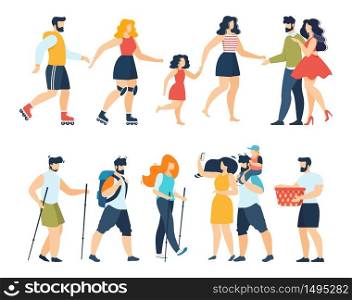 Family Active with Children Recreation Flat Set. Roller Skating, Meeting Friends, Tracking, Hiking, Nordic Walking, Travelling, Resting on Picnic. Cartoon People Characters Bundle. Vector Illustration. Family Active with Children Recreation Flat Set