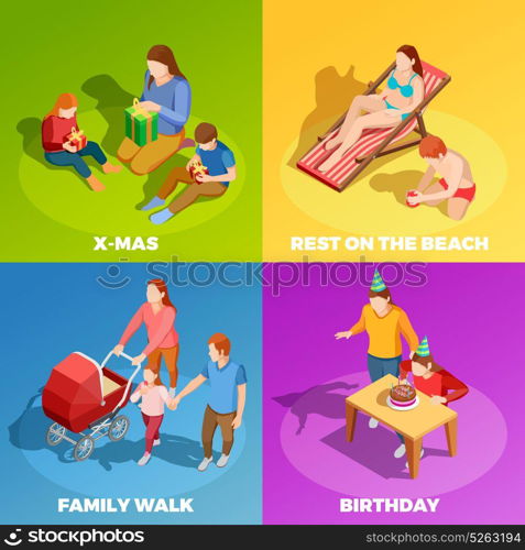 Family Activities 4 Isometric Icons Square. Family holidays birthday celebration vacations outdoor activities 4 isometric icons square with vibrant color background isolated vector illustration