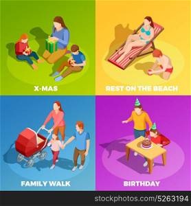 Family Activities 4 Isometric Icons Square. Family holidays birthday celebration vacations outdoor activities 4 isometric icons square with vibrant color background isolated vector illustration