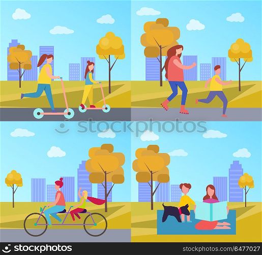 Family Activities in Park Vector Illustration. Family activities in autumn park including skating and cycling on double bicycle, reading and relaxing on yoga mat vector illustration