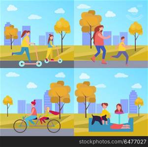 Family Activities in Park Vector Illustration. Family activities in autumn park including skating and cycling on double bicycle, reading and relaxing on yoga mat vector illustration