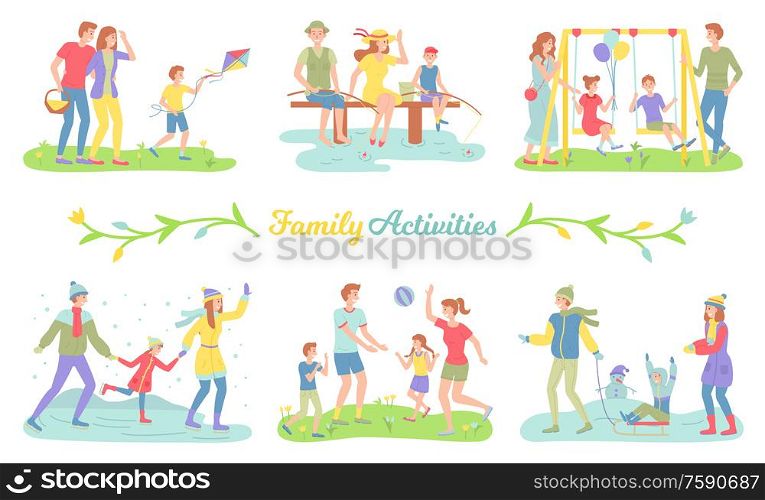 Family activities vector, mother and father with children outdoors in summer and winter. Skiing and skating, kite flying, playground and fishing set. Family Activities Happy Parents and Children Set