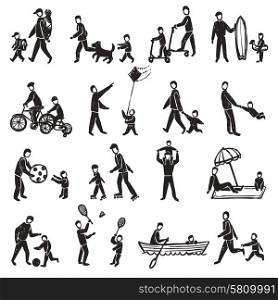 Family Activity Sketch Icon Set . Family physical activity walking rollers badminton and other sport and rest sketch silhouette isolated vector illustration