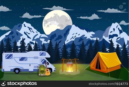 Family Adventure Camping Evening Scene. Tent, Campfire, backpack with giutar, Caravan camper motorhome rv and rocky mountains . vector illustration. Vector flat illustration camping.