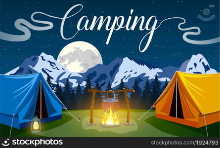 Family Adventure Camping Evening Scene. Tent, Campfire, Pine forest and rocky mountains Outdoor activities. vector illustration in flat design.. Vector flat illustration camping.