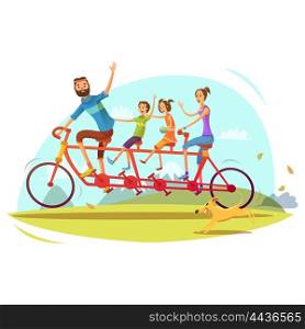 Family And Bicycle Cartoon Illustration . Family and bicycle cartoon concept with parents son and daughter vector illustration