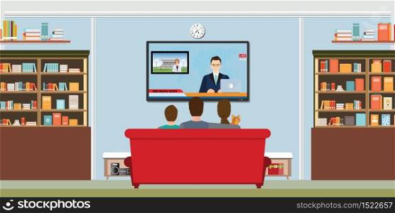 Family and cat watching TV daily news program sitting on the sofa at home in the living room, vector illustration.