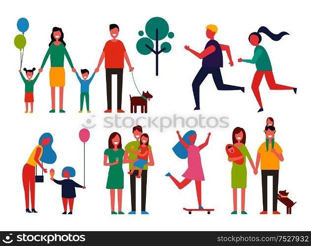 Family and couple jogging running and exercising . Father and mother with newborn kid and dog pet, skating woman and tree isolated icons set vector. Family and Couple Jogging Vector Illustration