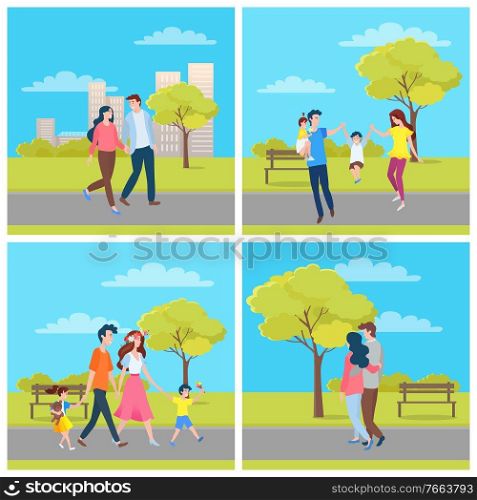 Family and couple leisure in urban park, man and woman character hugging, parents holding children, walking near buildings and trees, relationship vector. People Walking in City Park, Family Outdoor Vector