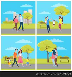 Family and couple leisure in urban park, man and woman character hugging, parents holding children, walking near buildings and trees, relationship vector. People Walking in City Park, Family Outdoor Vector