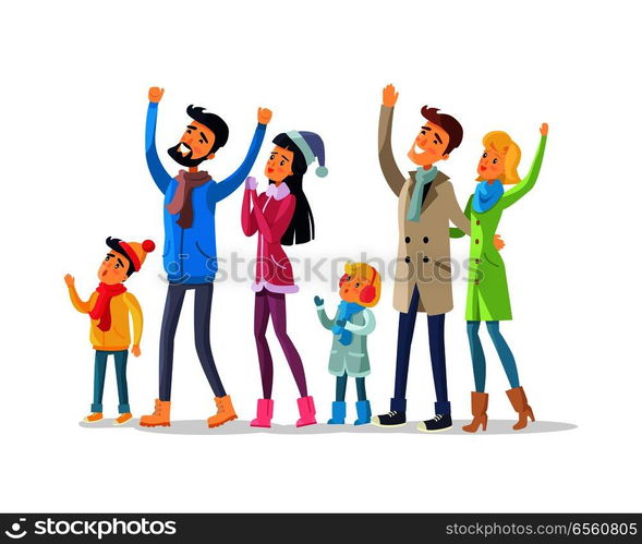 Family and friends in warm winter clothes celebrate New Year and look up. Joyful young man with raised hands, woman in Snow-maiden cap and children and adults together enjoy life vector illustration. Family and Friends Celebrate New Year Isolated