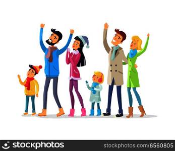 Family and friends in warm winter clothes celebrate New Year and look up. Joyful young man with raised hands, woman in Snow-maiden cap and children and adults together enjoy life vector illustration. Family and Friends Celebrate New Year Isolated