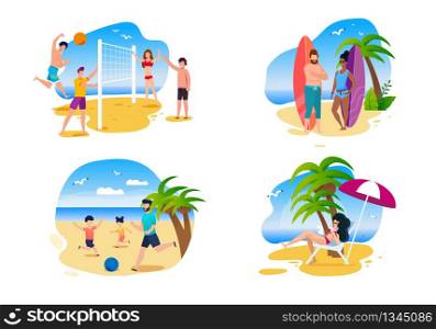 Family and Friends Summer Activities on Beach. Cartoon People Playing Volleyball and Football on Sand, Ready to Surf on Board, Sunbathing Along. Vector Flat Illustration Set. Summertime and Vacation. Family and Friends Summer Activities on Beach Set
