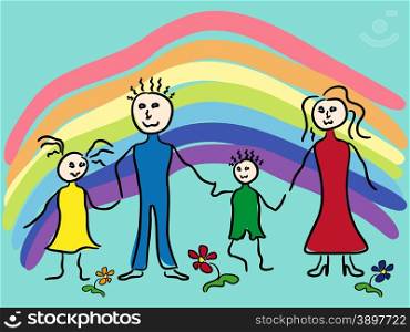 Family and rainbow on turquoise sky background, hand drawing vector illustration of as a children paint picture