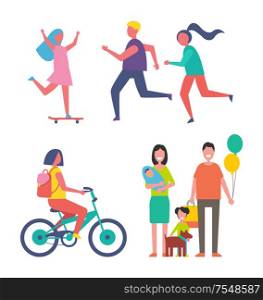 Family and running couple keeping fit. Isolated icons set skating woman in dress, lady riding bicycle. Father and mother holding newborn kid vector. Family and Running Couple Vector Illustration