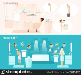 Family And Woman Care Banner. Woman and family hygiene and care flat horizontal banners set vector illustration