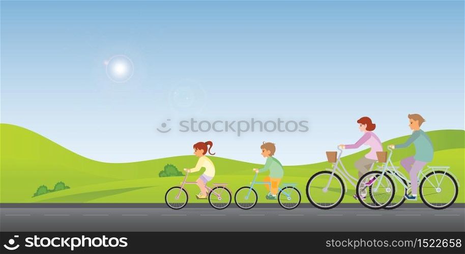 Family are riding on bicycles along on a sunny spring on mountain view landscape background. healty life style cartoon Vector illustration.