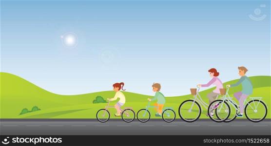 Family are riding on bicycles along on a sunny spring on mountain view landscape background. healty life style cartoon Vector illustration.