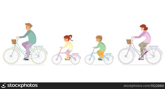 Family are riding on bicycles isolated on white. healty life style cartoon Vector illustration.