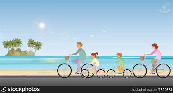 Family are riding on bicycles on beach background. healty life style cartoon Vector illustration.