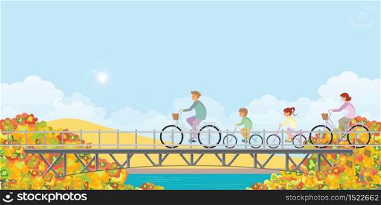 Family are riding on bicycles on bridge in autumn landscape mountains with colors of leaves.healty life style cartoon Vector illustration.