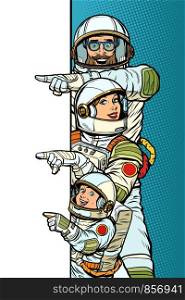 Family astronauts mom dad and son. Point to copy space poster. Pop art retro vector Illustrator vintage kitsch drawing. Family astronauts mom dad and son. Point to copy space poster