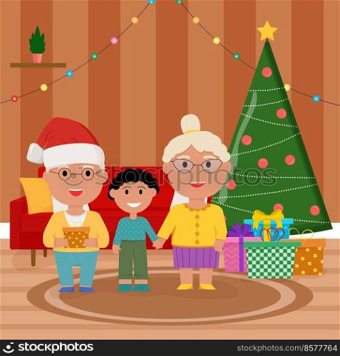Family at Christmas. Family standing near christmas tree and decorating. Grandparents congratulate their grandson.. Family at Christmas. Family standing near christmas tree and decorating. Grandparents congratulate their grandson