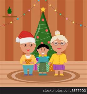 Family at Christmas. Family standing near christmas tree and decorating. Grandparents congratulate their grandson.. Family at Christmas. Family standing near christmas tree and decorating. Grandparents congratulate their grandson