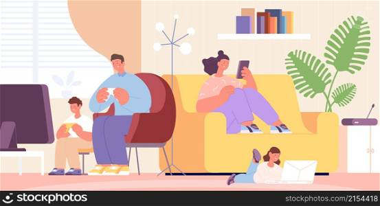 Family at home with gadget. Parents, kids use smartphone and playing computer. Modern digital lifestyle. Social media addiction vector scene. Illustration of family addiction laptop and smartphone. Family at home with gadget. Parents, kids use smartphone and playing computer. Modern digital lifestyle. Social media addiction utter vector scene