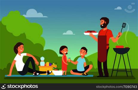 Family at summer picnic. People in bbq party eating food. Grill and barbeque outdoor vector concept. Barbecue cooking, bbq meat on nature illustration. Family at summer picnic. People in bbq party eating food. Grill and barbeque outdoor vector concept