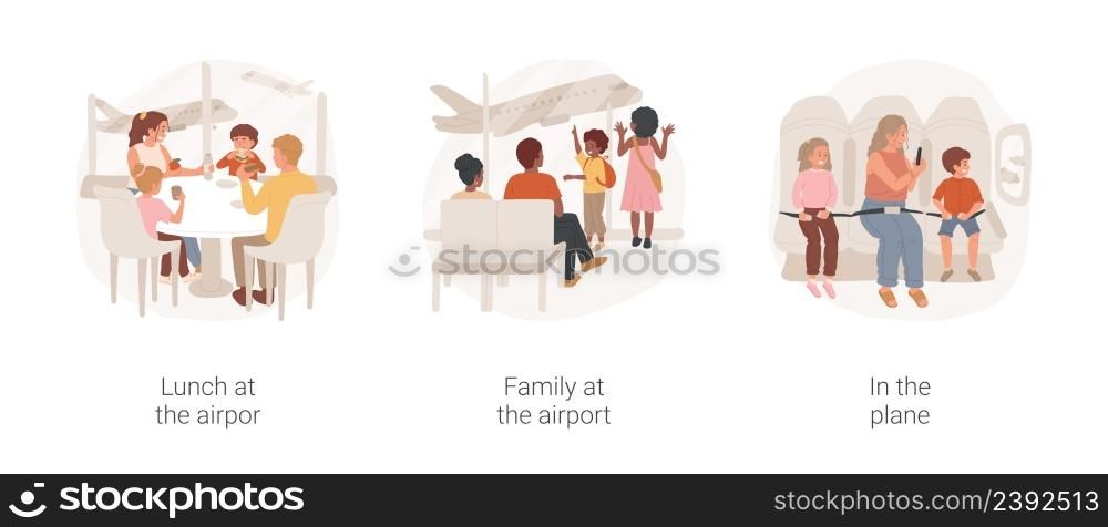 Family at the airport isolated cartoon vector illustration set. Lunch in the airport, family members sit in cafe in departure zone, child watching airplane, look in the plane window vector cartoon.. Family at the airport isolated cartoon vector illustration set.