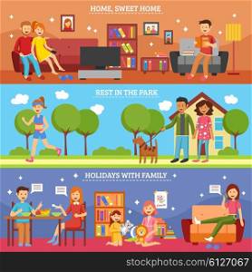 Family Banner Set. Three flat horizontal family members banners set with different types of activity vector illustration