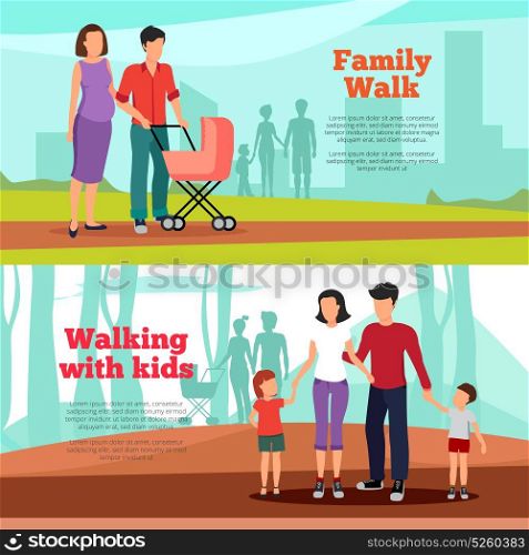 Family Banners Set. Family horizontal banners set with family walk symbols flat isolated vector illustration