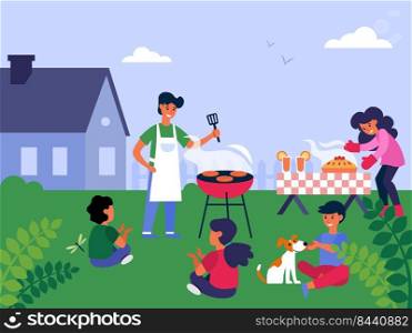 Family barbecue party. Parent grilling meat, cooking pie, children having fun on lawn flat vector illustration. Leisure, picnic, outdoor dinner concept for banner, website design or landing web page