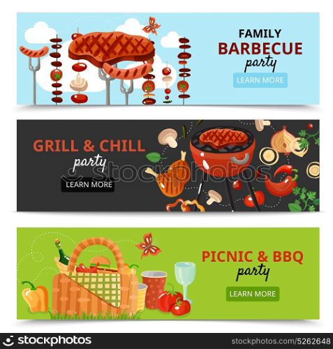 Family BBQ Party Banners. Bbq barbecue banners set with compositions of picnic and grill food images with read more button vector illustration