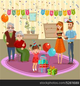Family Birthday Home Celebration Cartoon Illustration. Little girl birthday family celebration with parents grandparents and simple home decorations cartoon old style vector illustration