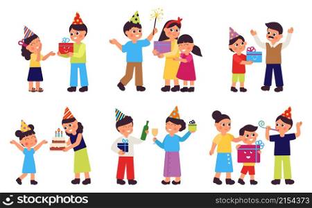 Family birthday party. Parents and children, people with gifts and balloons. Isolated celebration adults, kids. Cute cartoon festive decent vector characters. Illustration of family party birthday. Family birthday party. Parents and children, people with gifts and balloons. Isolated celebration adults, kids. Cute cartoon festive decent vector characters