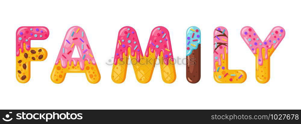 Family biscuit vector lettering. Glazed gingerbread inscription. Tempting flat design typography. Cookies letters phrase isolated on white background Biscuit word t shirt print, sticker banner element