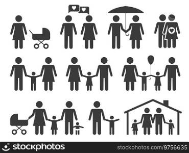 Family black icons. People group symbols. Mother and father with children. Silhouette flat style pictograms of adults and kids. Couple walking together with boy or girl. Vector isolated signs set. Family black icons. People group symbols. Mother and father with children. Silhouette flat pictograms of adults and kids. Couple walking together with boy or girl. Vector signs set