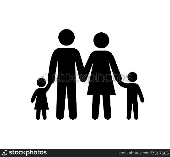 Family black silhouette icon, father and mother holding kids by hand, happy parents caring for kids, vector illustration isolated on white background. Family Black Silhouette Icon Vector Illustration