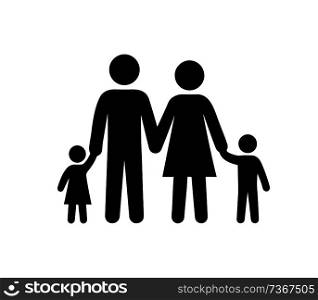 Family black silhouette icon, father and mother holding kids by hand, happy parents caring for kids, vector illustration isolated on white background. Family Black Silhouette Icon Vector Illustration