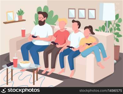 Family bonding flat color vector illustration. Children sit on couch with parents. Kids play videogames. Mom and dad with gamepads. Relatives 2D cartoon characters with interior on background