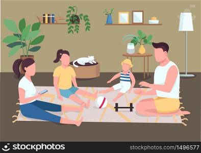 Family bonding flat color vector illustration. Morning routine for parents and children. Father and mother relax with kids after exercise. Relatives 2D cartoon characters with interior on background