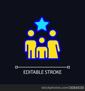 Family bonus pixel perfect RGB color icon for dark theme. Encouraging existing customers. Marketing strategy. Simple filled line drawing on night mode background. Editable stroke. Arial font used. Family bonus pixel perfect RGB color icon for dark theme