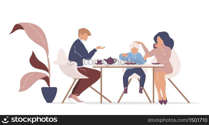 Family breakfast flat color vector faceless characters. Mother, father and kid drinking coffee and eating together isolated cartoon illustration for web graphic design and animation. Family breakfast flat color vector faceless characters
