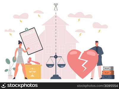 Family breakup, property division, divorce code concept. Husband and wife conflict, family fighting vector illustration. House division and broken heart. Conflict divorce married. Family breakup, property division, divorce code concept. Husband and wife conflict, family fighting vector illustration. House division and broken heart