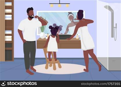Family brushing teeth flat color vector illustration. Morning, evening routine. Teach hygiene. African american parents with daughter in bathroom 2D cartoon characters with interior on background. Family brushing teeth flat color vector illustration