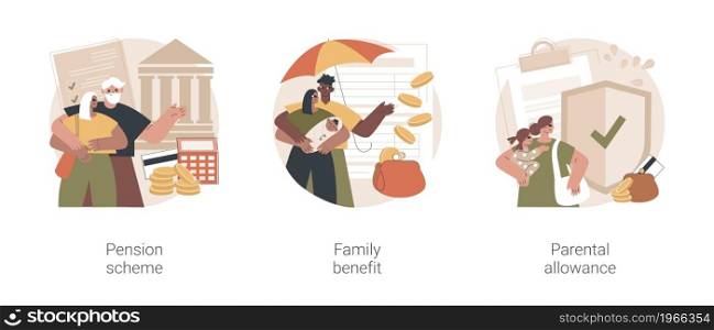 Family budget abstract concept vector illustration set. Pension scheme, family benefit, parental allowance, retirement plan, payment per child, maternity leave, finance adviser abstract metaphor.. Family budget abstract concept vector illustrations.