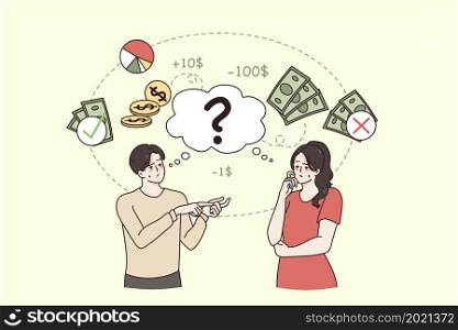 Family budget and savings concept. Young sad disappointed man and woman wife and husband standing counting finance money and feeling unhappy with lack of money vector illustration . Family budget and savings concept.